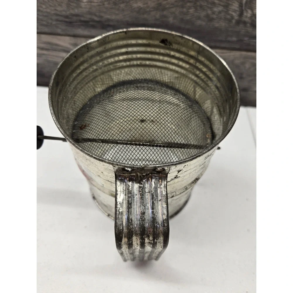 Vintage Tin Flour Sifter Hand Crank Antique‎ Kitchen Tool Farmhouse Decor Silver
